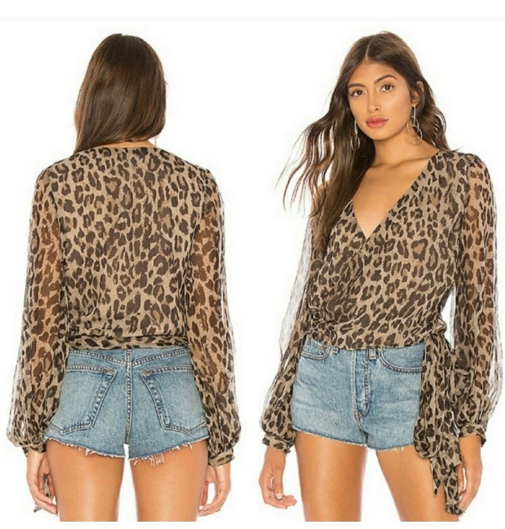 Nicholas Silk Leopard Animal Print Smocked Tie Front Wrap Top Size 4